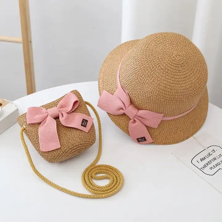 Summer Straw Hat and Sling Bag Set - Brown and Pink