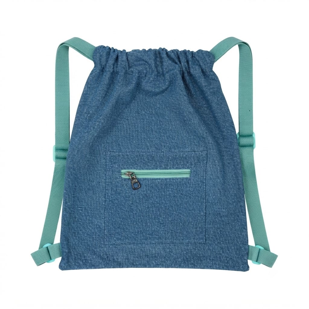 Denim Drawstring Bag with Front Zip Pocket