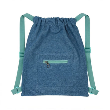 Denim Drawstring Bag with Front Zip Pocket