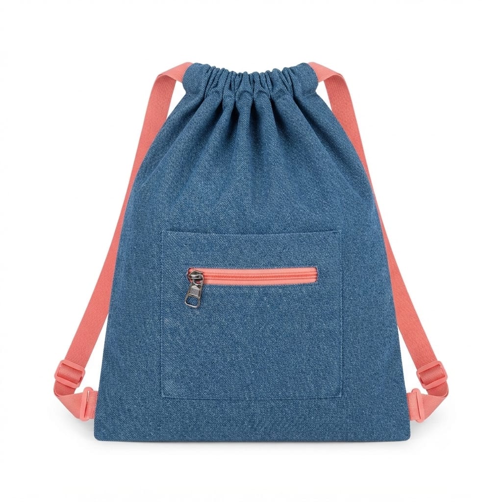 Denim Drawstring Bag with Front Zip Pocket