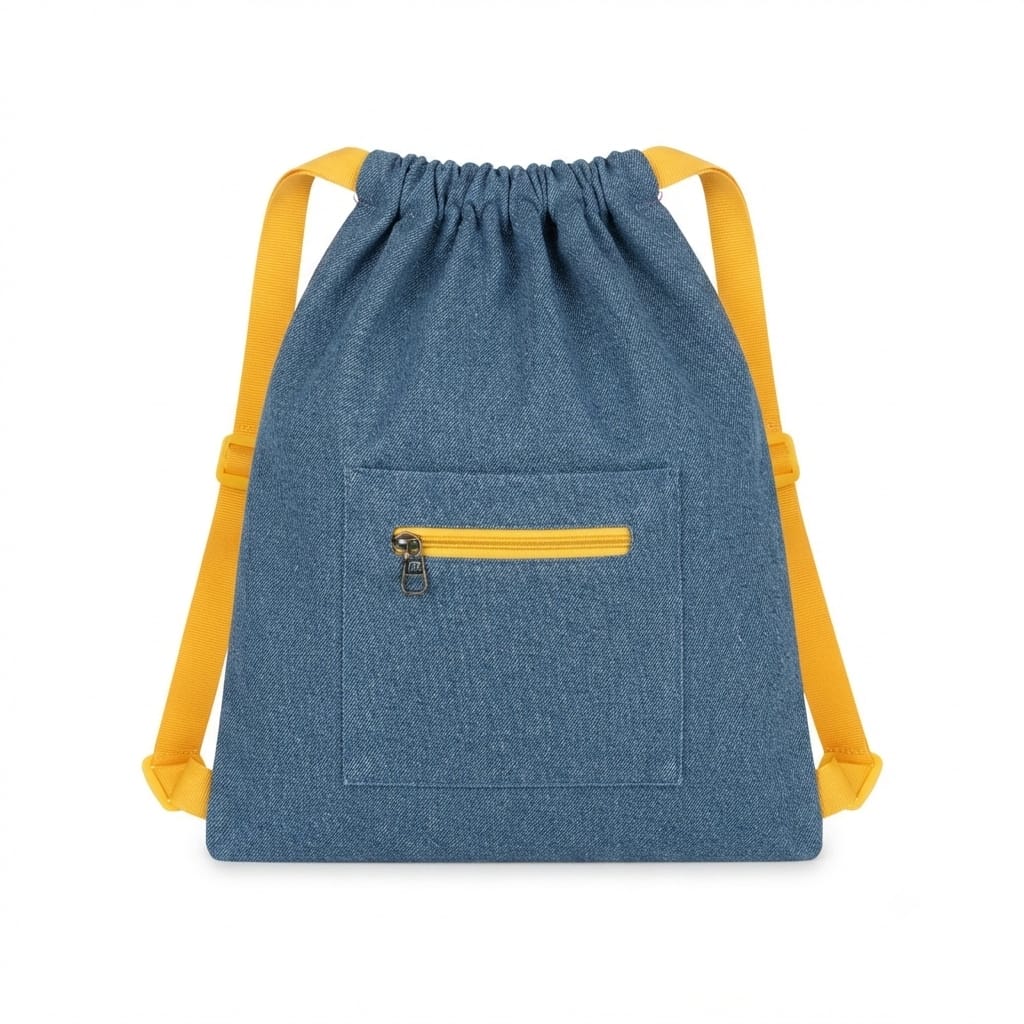 Denim Drawstring Bag with Front Zip Pocket
