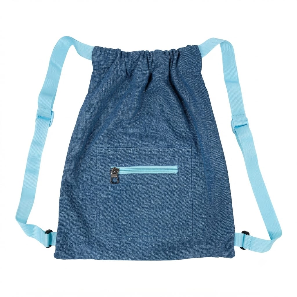 Denim Drawstring Bag with Front Zip Pocket