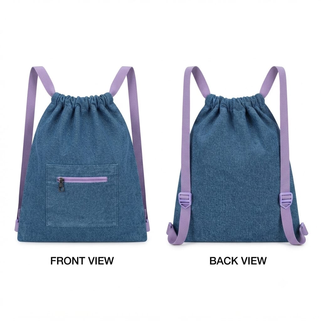 Denim Drawstring Bag with Front Zip Pocket