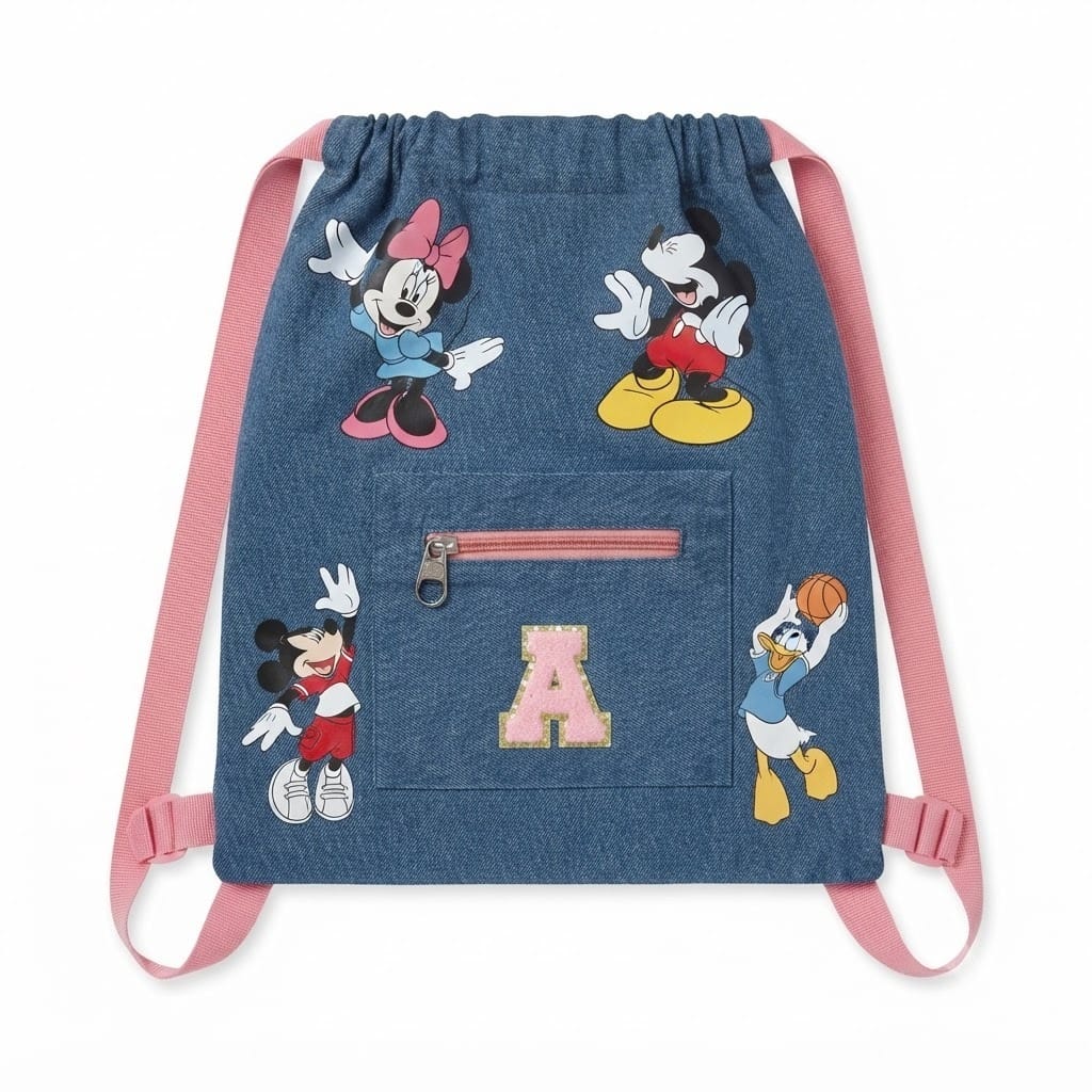 Denim Drawstring Bag with Front Zip Pocket