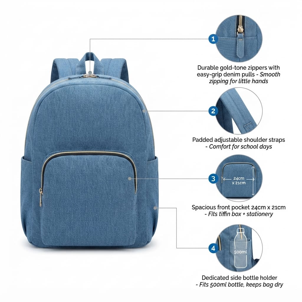 Denim Backpack with Front Zip Pocket
