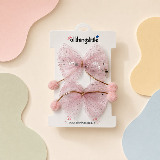 Pink Glitter Pom Pom Bow Hair Clip Set
