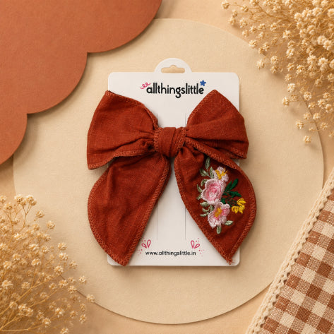 Rust Linen Embroidered Floral Bow Clip