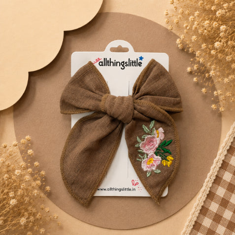 Chestnut Brown Linen Embroidered Floral Bow Clip