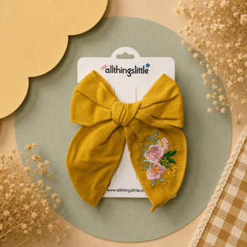 Mustard Yellow Linen Embroidered Floral Bow Clip