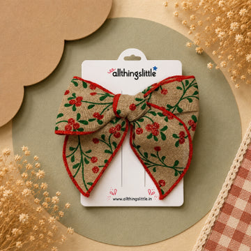 Festive Holly Burlap Christmas Bow Clip