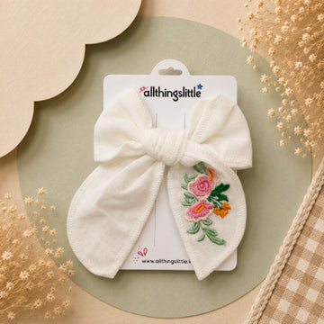 Ivory Linen Embroidered Floral Bow Clip