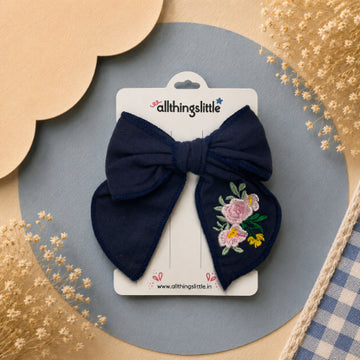 Midnight Navy Linen Embroidered Floral Bow Clip