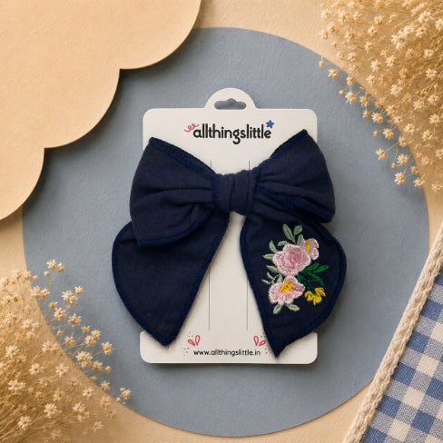 Midnight Navy Linen Embroidered Floral Bow Clip