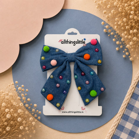 Denim Pom-Pom & Pearl Novelty Bow Clip