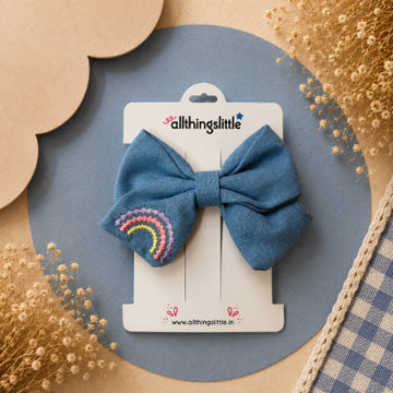 Slate Blue Rainbow Embroidered Bow Clip