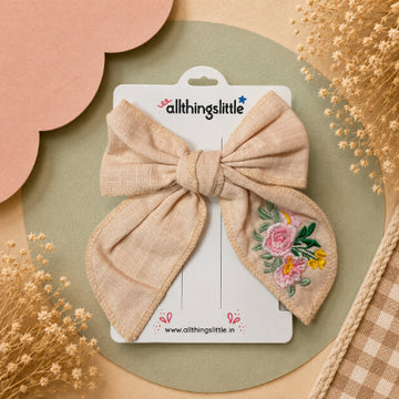 Soft Peach Linen Embroidered Floral Bow Clip
