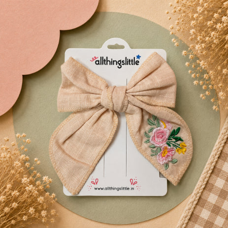 Soft Peach Linen Embroidered Floral Bow Clip