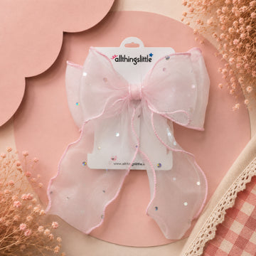 Sheer Pink Crystal Organza Long Tail Bow