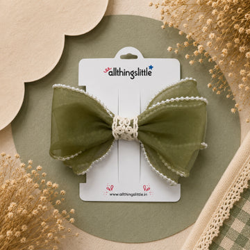 Olive Green Organza Pearl Beaded Edge Bow