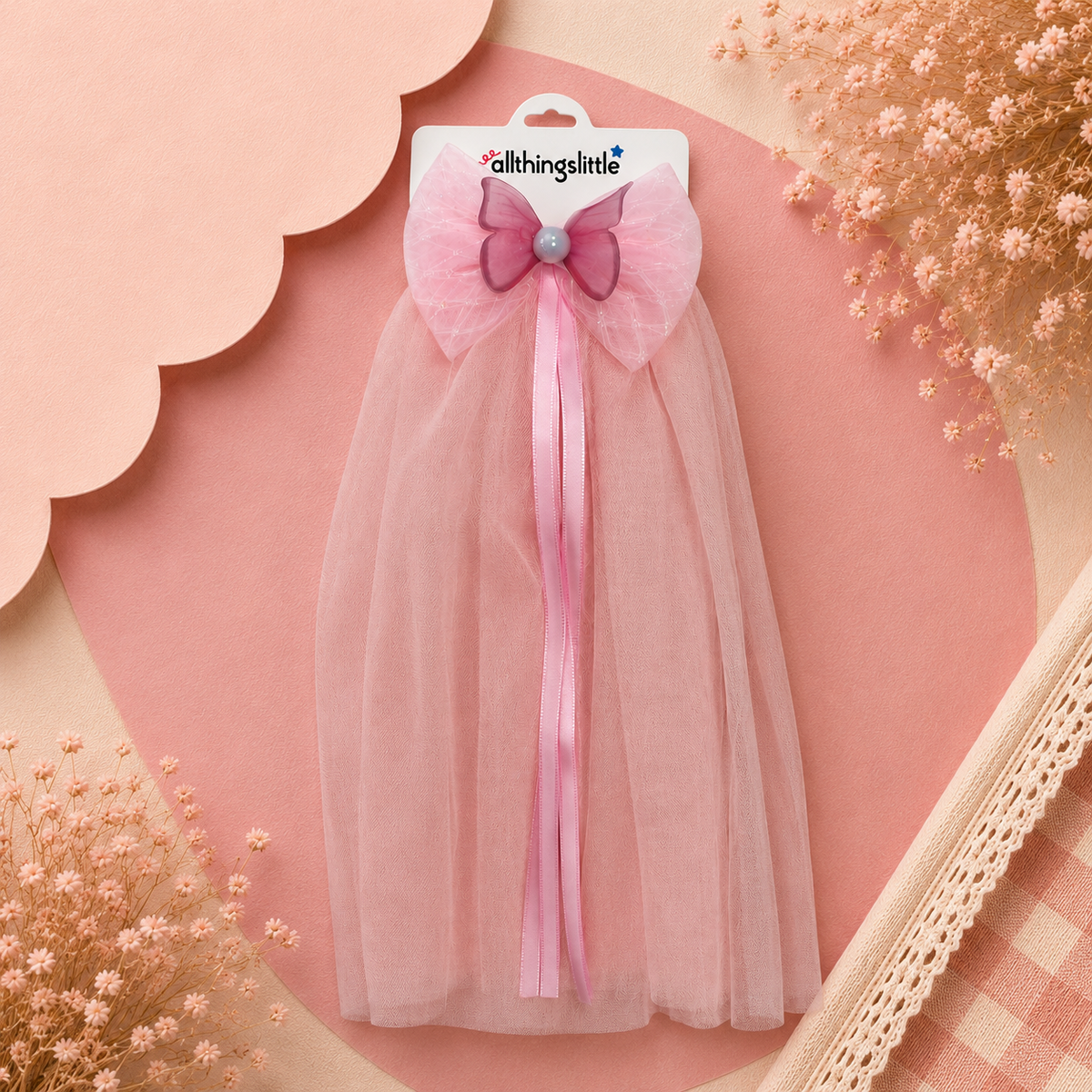 Enchanted Pink Butterfly Tulle Veil Bow Clip
