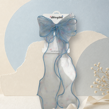 Ice Blue Floral Print Organza Long Tail Bow