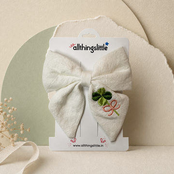 Ivory Linen Four-Leaf Clover Embroidered Bow