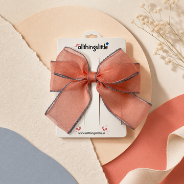 Coral Peach Shimmer Grey Stitched Organza Bow