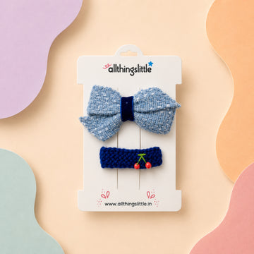 Blue Tweed Bow & Cherry Hair Clip Set