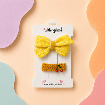 Yellow Tweed Bow & Cherry Hair Clip Set