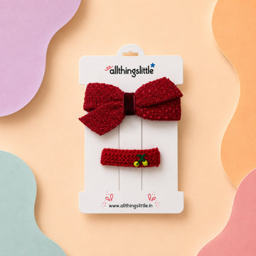 Teal Tweed Bow & Cherry Hair Clip Set