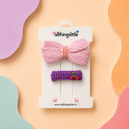 Blush Tweed Bow & Cherry Hair Clip Set