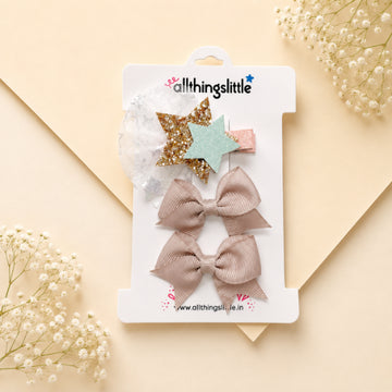Blush Polka Bow & Star Hair Clip Set