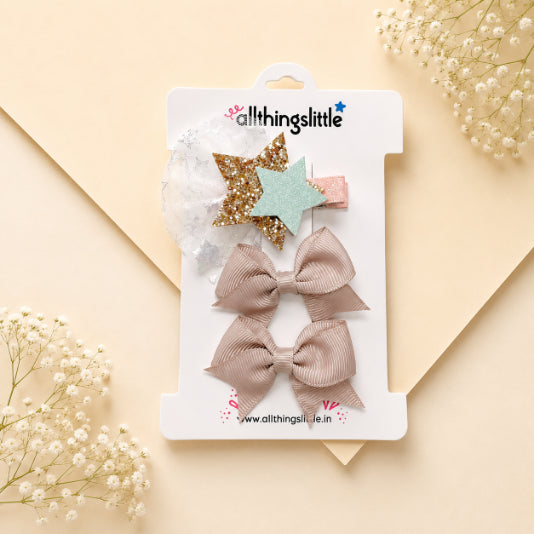 Blush Polka Bow & Star Hair Clip Set