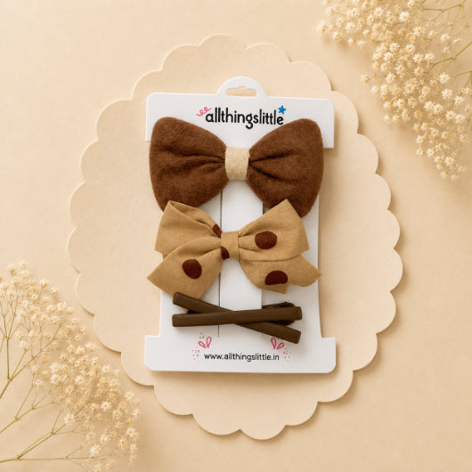 Chestnut Suede & Polka Dot Bow Hair Clip Set
