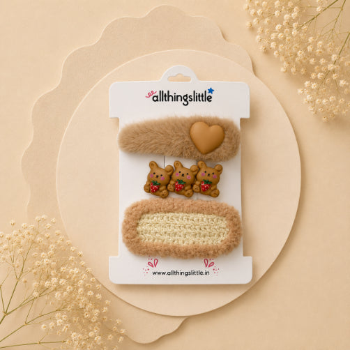 Fuzzy Teddy Bear & Strawberry Heart Clip Set