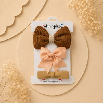 Caramel Corduroy & Peach Grosgrain Bow Set