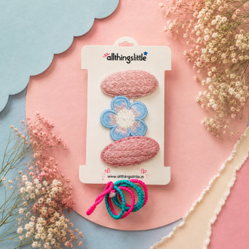Embroidered Pastel Flower & Mesh Hair Clip Set