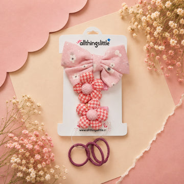 Floral Fabric Bow & Houndstooth Flower Set