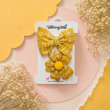 Yellow Plaid Bow & Matching Fabric Flower Set