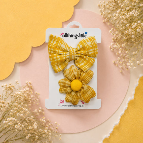 Yellow Plaid Bow & Matching Fabric Flower Set