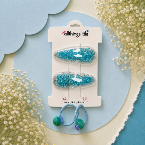 Aqua Crystal Shaker Pairs & Bead Hair Tie Set