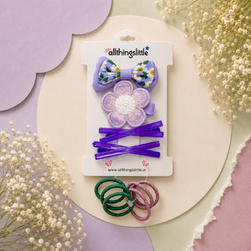 Daisy Print Bow & Violet Flower Clip Set