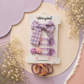 Gingham Plaid Bow & Translucent Flower Clip Set