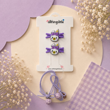 Cartoon Bunny Flat Clips & Plaid Ball Tie Set