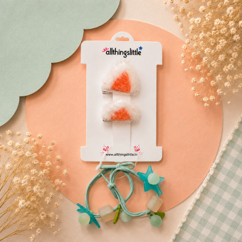 Tangerine Faux-Fur Ear & Teal Star Charm Set