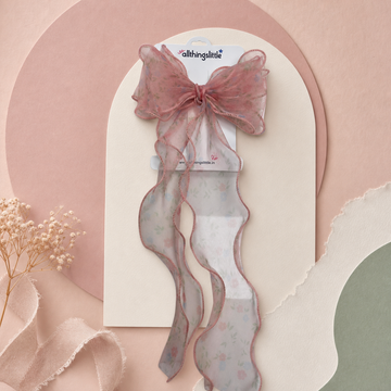 Antique Rose Floral Organza Long Tail Bow